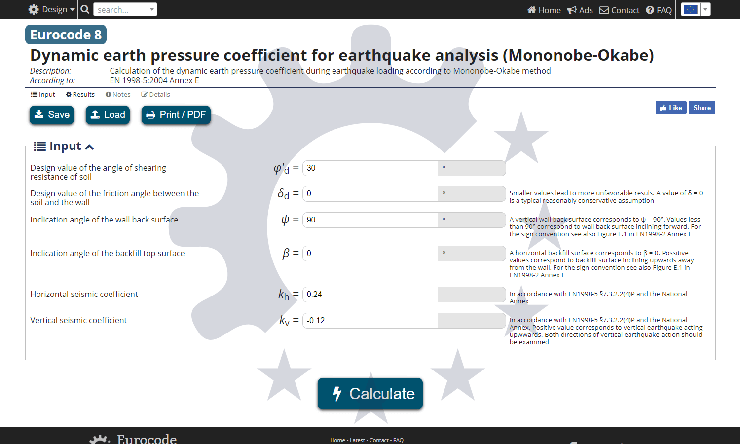Calculation of MononobeOkabe earth pressure coefficient